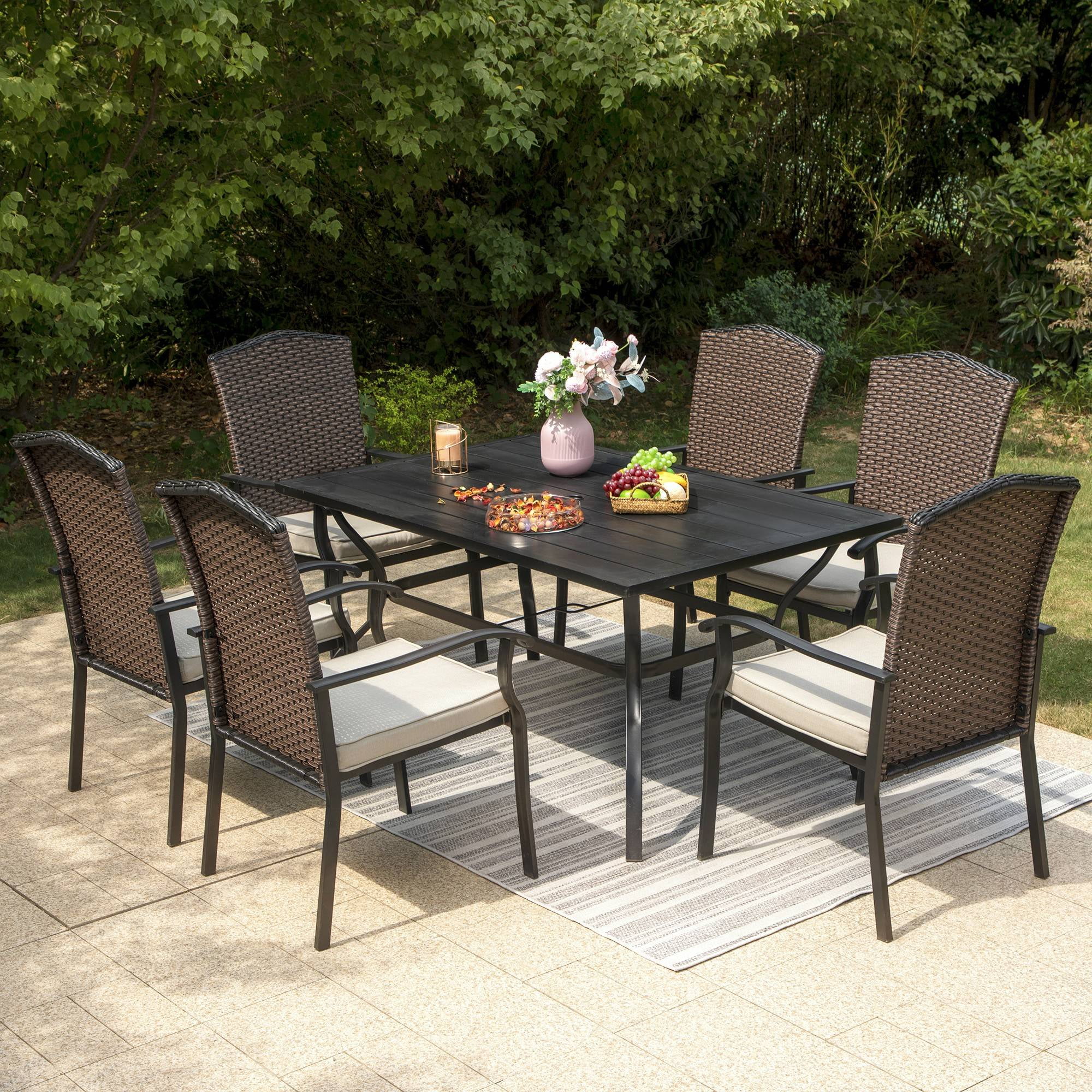 Sophia & William 7 Pieces Patio Dining Set Wicker Chairs & Umbrella