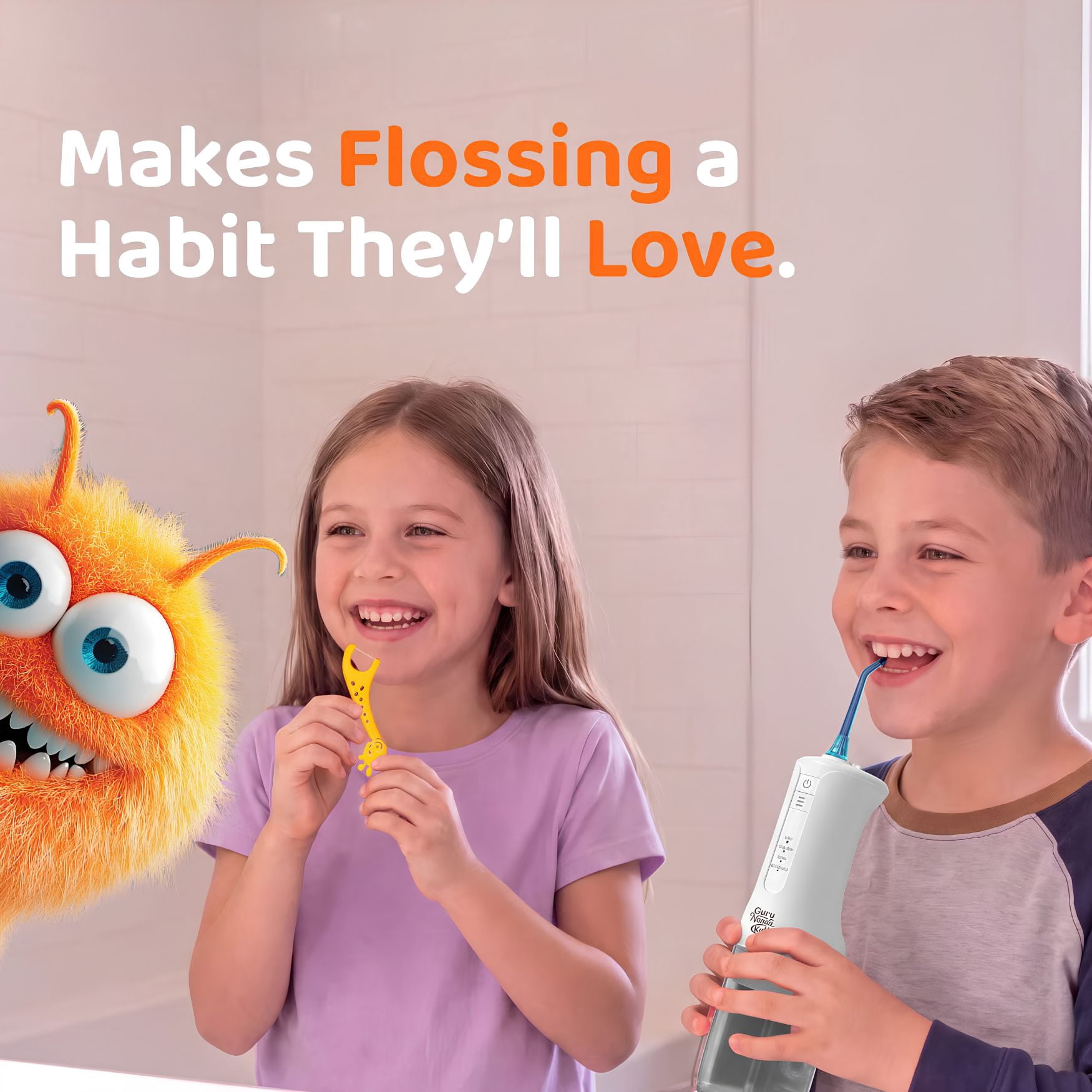 GuruNanda Kids Water Dental Flosser, 4 Flossing Modes, Smart Timer, 200 mL, White