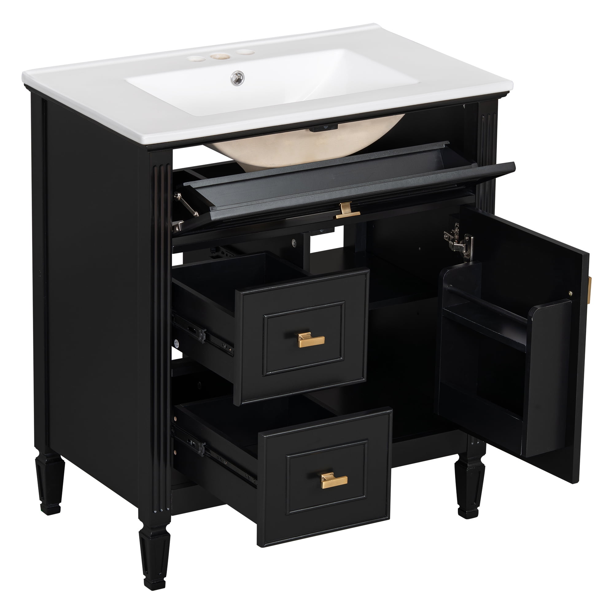 Aukfa 30" Bathroom Vanity with Sink,Modern Bathroom Sink Cabinet for Small Spaces,Ceramic Top & Flip Drawer,Black