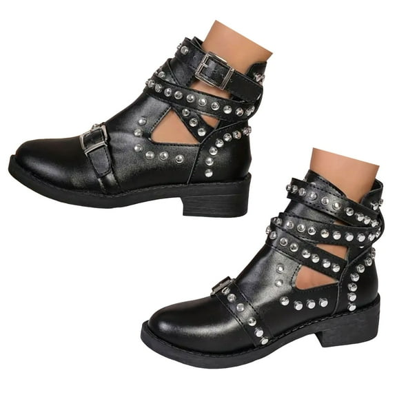 Oyedens Riding Boots for Women Gothic Studded Hollow Out Mid Calf Ankle Booties Fall Short Boots