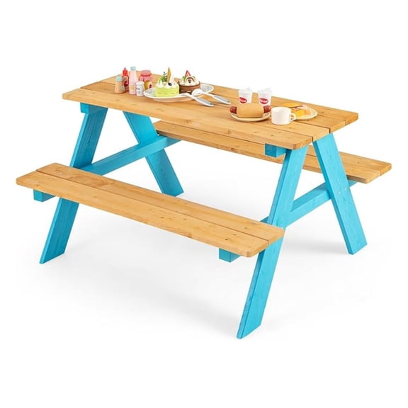 Kids Picnic Table, Fir Wood Toddler Table and Benches, Kids Outdoor Furniture, Blue, 31" x 35" x 20"