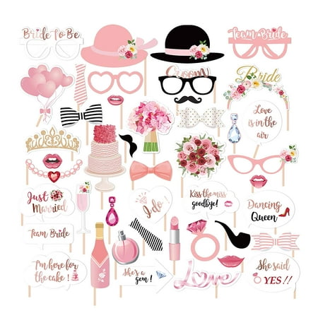 2 Single Booth - Rose Gold Wedding Bridal Shower Photo Booth Props -44 count ,Kissing the Single Life Goodbye Party ,Gold Floral Decorations ,Party Favors for Bachelorette Party,Bridal Shower