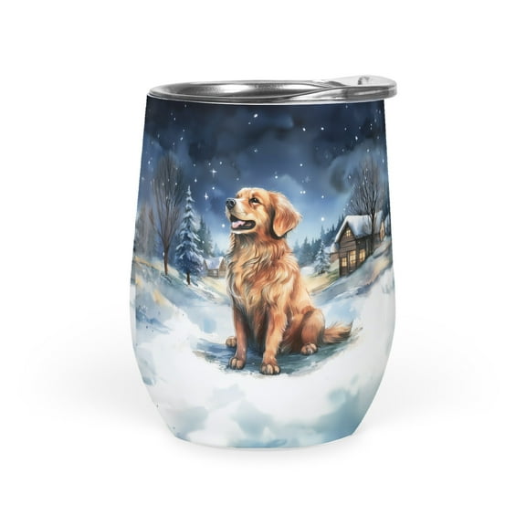 Hello Winter Golden Retriever Welcome Snowy Night Watercolor Vintage 12oz Stainless Steel Wine Tumbler Insulated Cup with Lid Goldens Dog Lover Gifts Idea - 01011
