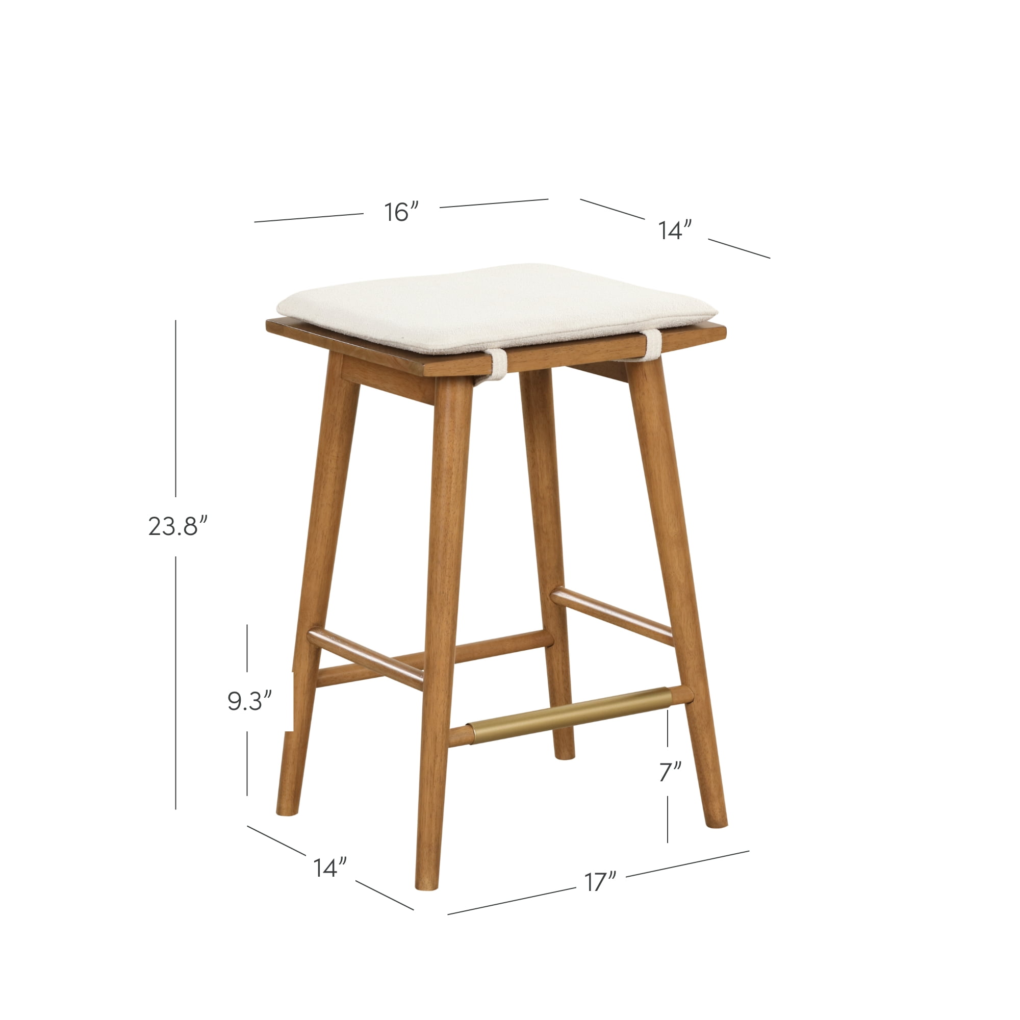 Nathan James Barker Counter Height Solid Wood Barstool with Upholstered Cushion, Backless Island Stool with Rubberwood Legs and Natural Textured Linen Upholstery for Kitchen, Brown/White