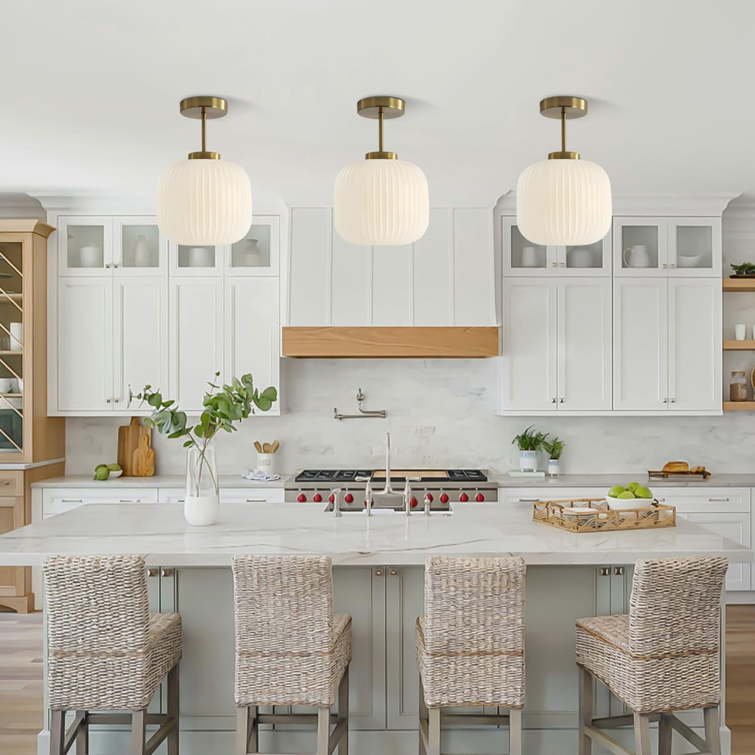KCO Lighting Ribbed Milk Glass Flush Mount Light Gold and White Ceiling Lamp Brass Kitchen Lighting