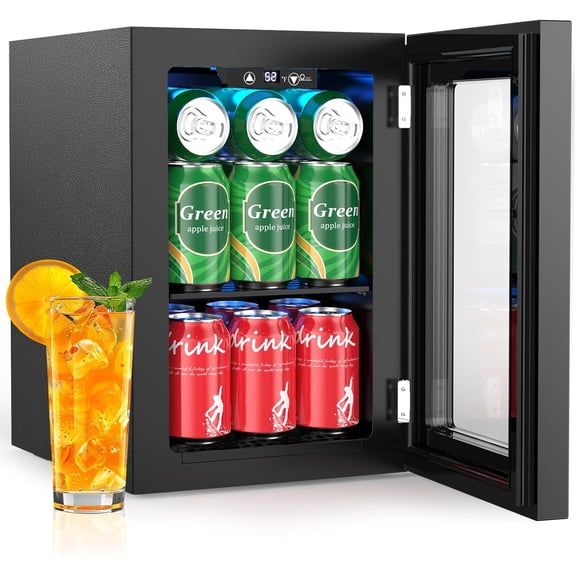 18L Beverage Refrigerator Cooler, 24Can Mini Fridge with Glass Door, Quiet Compressor, Countertop Small Fridge with 40-61℉ Digital Electronic Temperature Control, LED Lgiht for Home and Bar