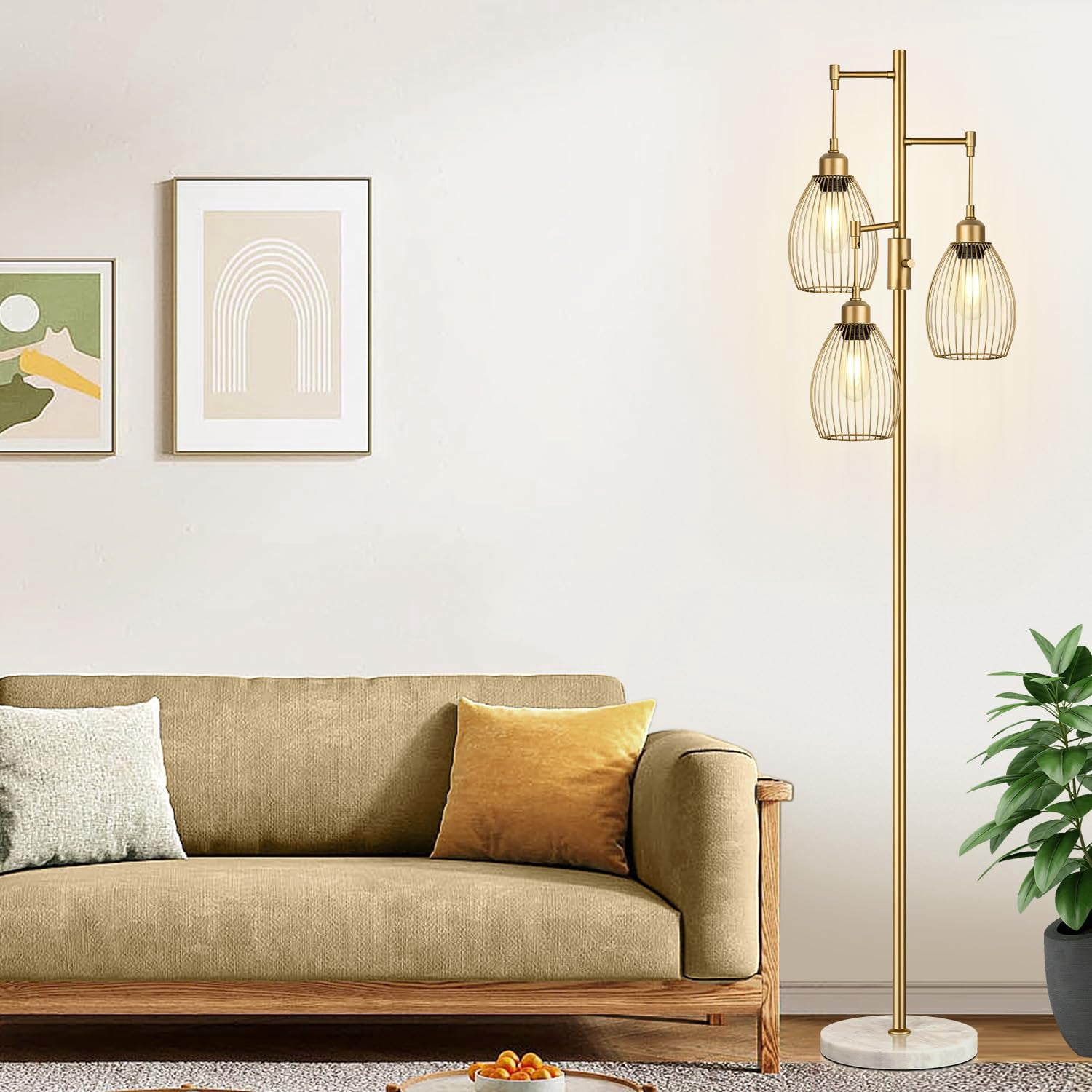Dimmable Floor Lamps For Living Room  Industrial Standing Lamp With Marble Base Tree Tall Pole Light 3 Elegant Teardrop Cage Head & 800 Lumens Led Bulbs Bedroom Office