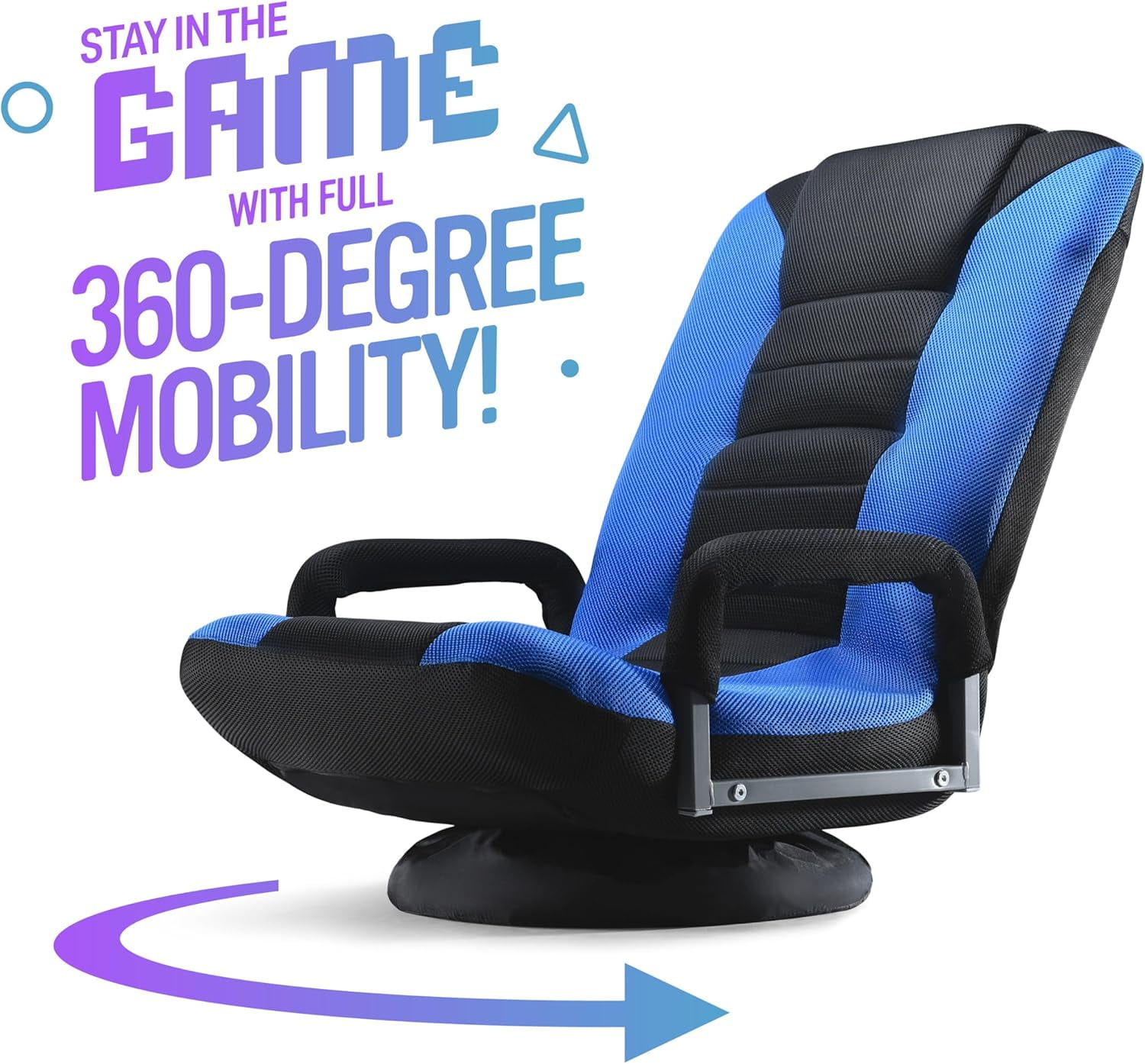 Maple99 Swivel Gaming Floor Chair - Enjoy 6 Different Positions, Adjustable Lumbar Support, Removable Polyester Cover & Arm Rests, Folds to Store, Stylish Blue with Black Center Stripe