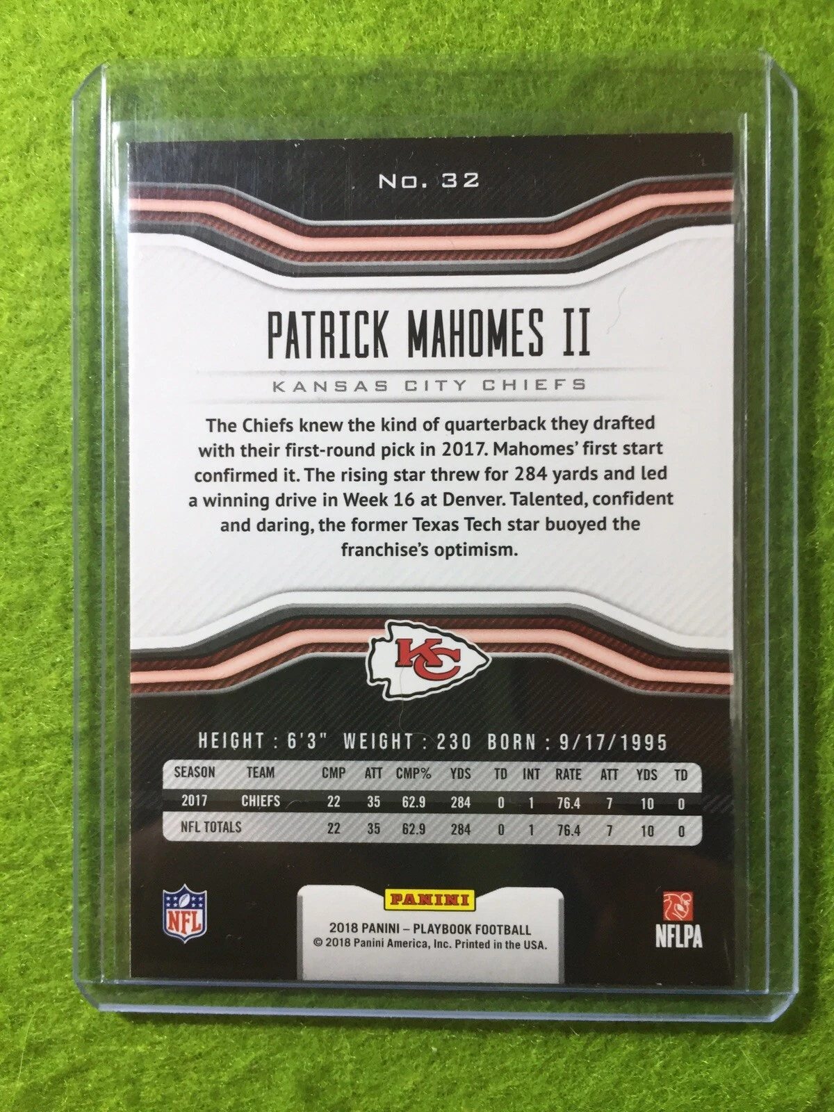 PATRICK MAHOMES CARD JERSEY #15 KANSAS CITY CHIEFS 2018 Panini Playbook Football