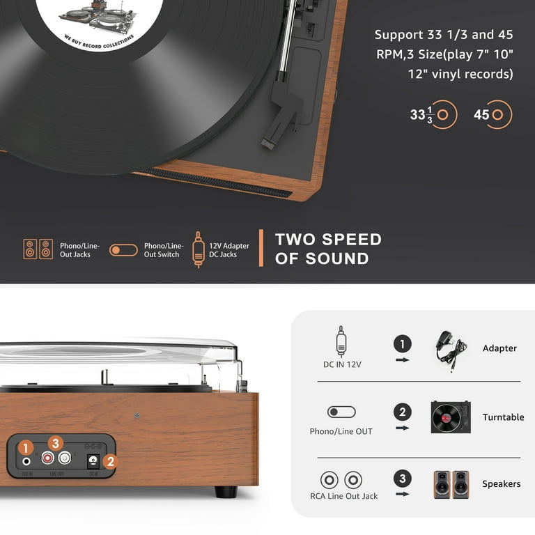 Udreamer Vinyl Record Player With Bluetooth,All In One 3-Speed Vintage  Audio Turntables,yellow