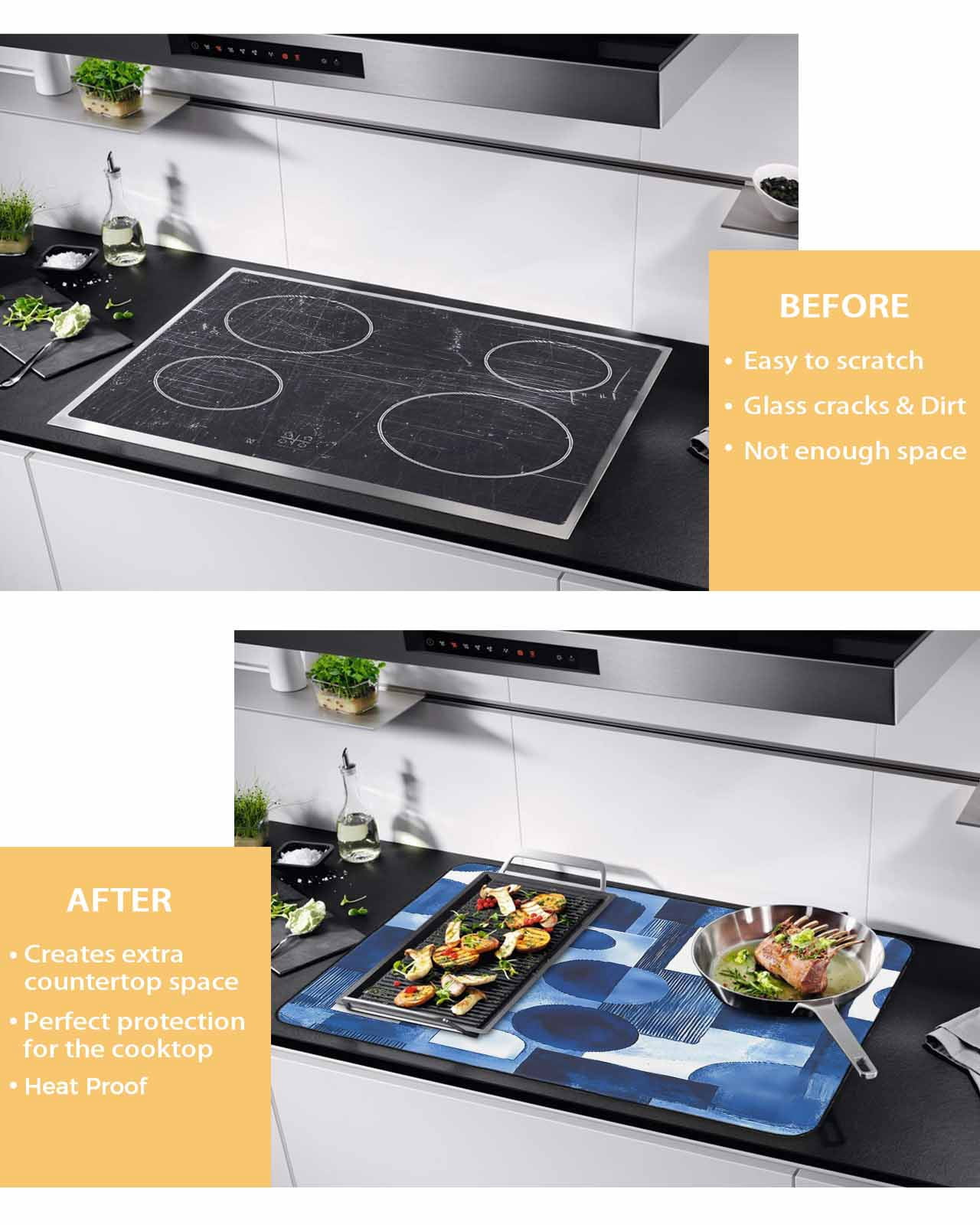 nqOlkjepod Large Induction Cooktop Protector Mat 24"x21", Blue Geometric Stove Top Covers for Electric Stove, Middle Century Vintage Lines Art Stove Burner Cover Mats, Glass Top Stove Cover
