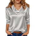 thumbnail image 1 of Hecho para Más Camisa Mujeres Elegante Draped Escote Plisado Cuello de Satén Tres Cuartos de Manga Blusa, Tops de Satén para las Mujeres Chic Casual, 1 of 6