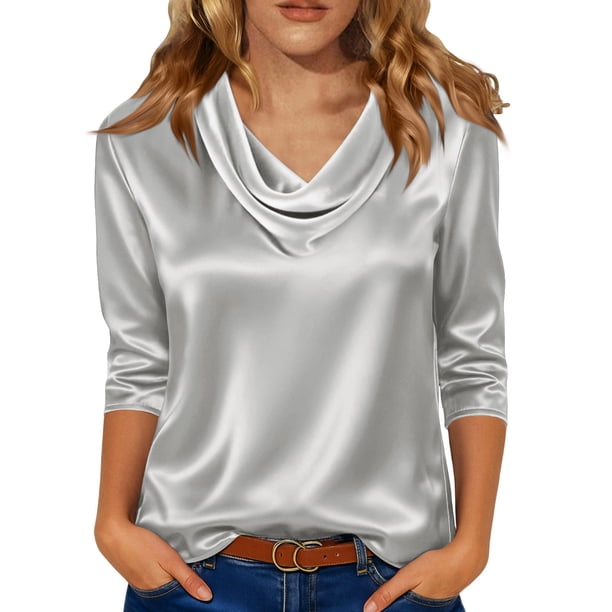 Hecho para Más Camisa Mujeres Elegante Draped Escote Plisado Cuello de Satén Tres Cuartos de Manga Blusa, Tops de Satén para las Mujeres Chic Casual
