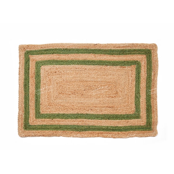 Rectangle Rug Natural Jute Rug Hand Braided Beige and Green Color Rounding Line Area Rug
