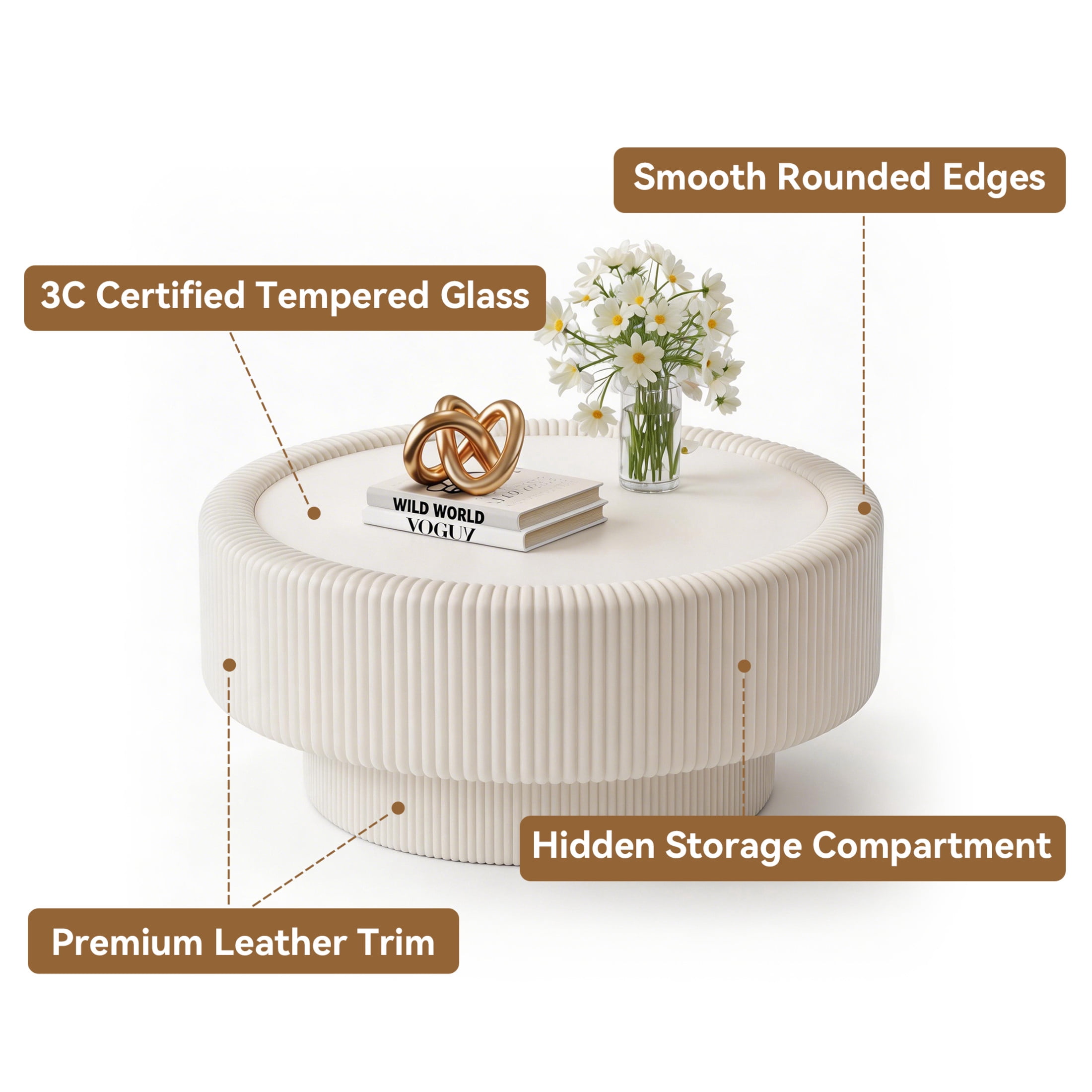 Noble House Morade 31.5" Fluted Round Storage Coffee Table with Glass Top & Leather Wrapped for Living Room, White