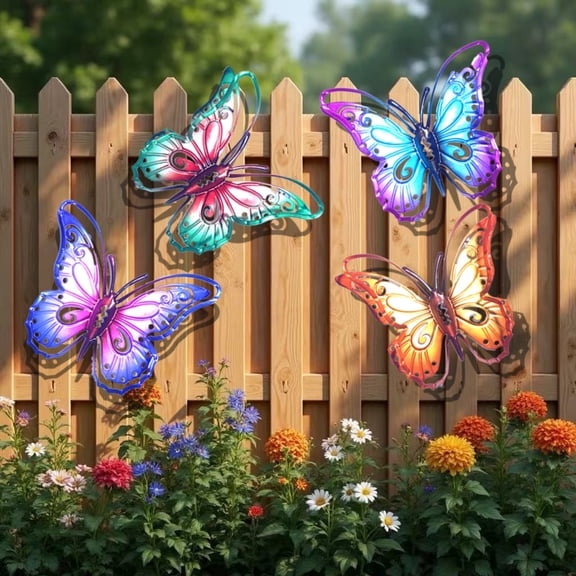 4Pcs Anmrize Colorful 3d Butterfly Outdoor Decor, Metal Butterfly Wall Decor- Butterfly Hanging Wall Decor Outdoor Fence Wall Art Decor for Indoor Or Outdoor, Yard Patio Fence Garden Decorations, D