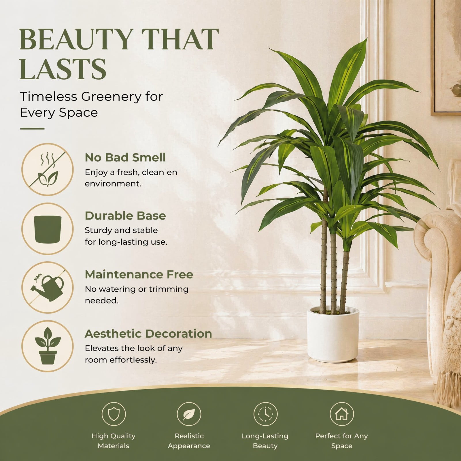 BEAUTYPEAK 3.6FT Artificial Dracaena Tree Fake Plants for Indoor Outdoor Decor, Upgraded White Pot