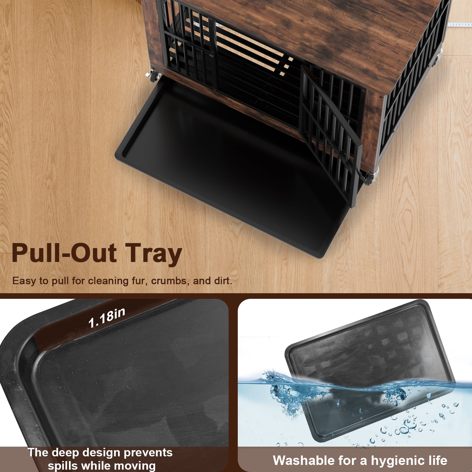 PRIJESSE 39 Inch Chew Proof Dog Crate Furniture, Rustic Brown Wooden End Table with Removable Top & Pull-Out Tray for Large Dogs, Indoor Kennel House