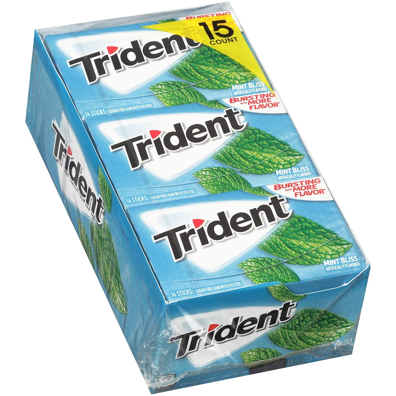 Trident Mint Bliss Sugar Free Gum, Made with Xylitol, 15 Packs of 14
