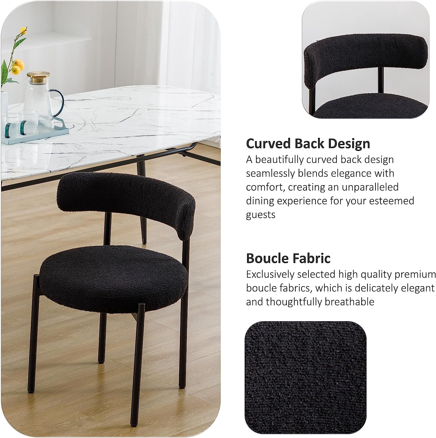 Locus Bono Boucle Dining Chairs Set of 6, Modern Upholstered Dining Room Chairs, Armless Kitchen Chair, Black