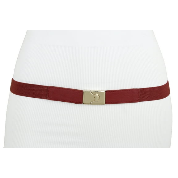 Women Dark Red Skinny Elastic Waistband Belt Gold Buckle S M