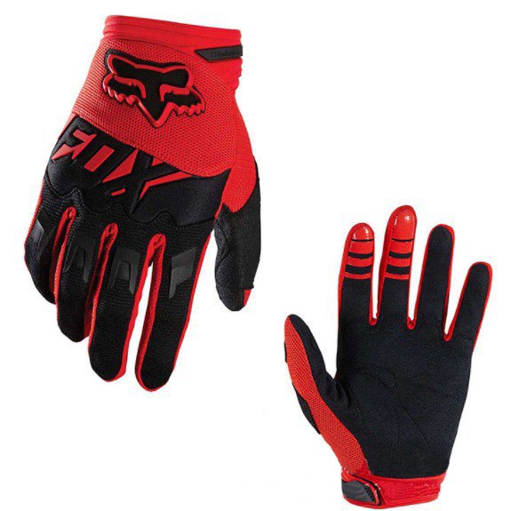 guantes fox racing guantes de dedo completo para motocicleta todoterreno de 11 colores, bicicleta de montaña guantes rojo y negro, par mostrado frontal y palmar; lado dorsal con logotipo de zorro en malla transpirable, refuerzos sintéticos en nudillos y dedos, cierre de muñeca con Velcro; palma antideslizante con zonas acolchadas y puntas de dedos compatibles con pantalla, aptos para motocross y ciclismo de montaña.
