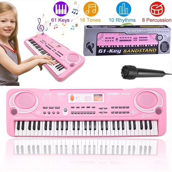 HQinX Kids 61-Keys Electronic Keyboard Piano: Early Learning Educational Toy with Microphone– Ideal for Beginners (Pink)