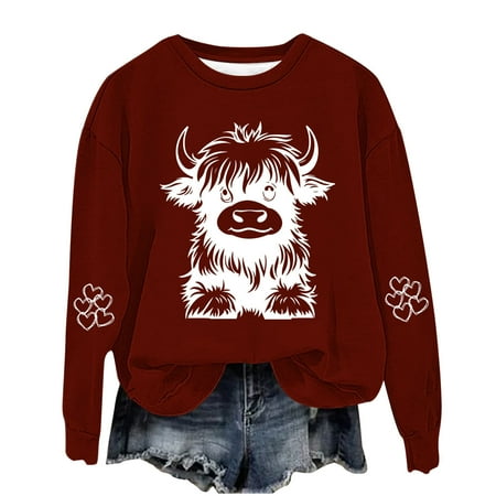 WCMZJ Highland Cow Sweatshirts for Women Long Sleeve Cow Sweatshirts Western Cow Print Shirt Country Western Sweatshirt Red 3XL