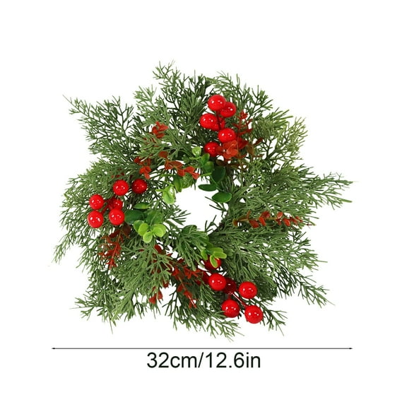 Christmas Candle Rings Wreath Xmas Kitchen Cabinet Mini Wreath Artificial Berries Snowy Pine Candle Ring Holder for Christmas Indoor Decor