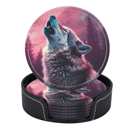 

PU Leather Coasters for Drinks Bar Beer Set of 6 with Holder Round Housewarming Gift Colorful Wolf Howling In The Night Sky