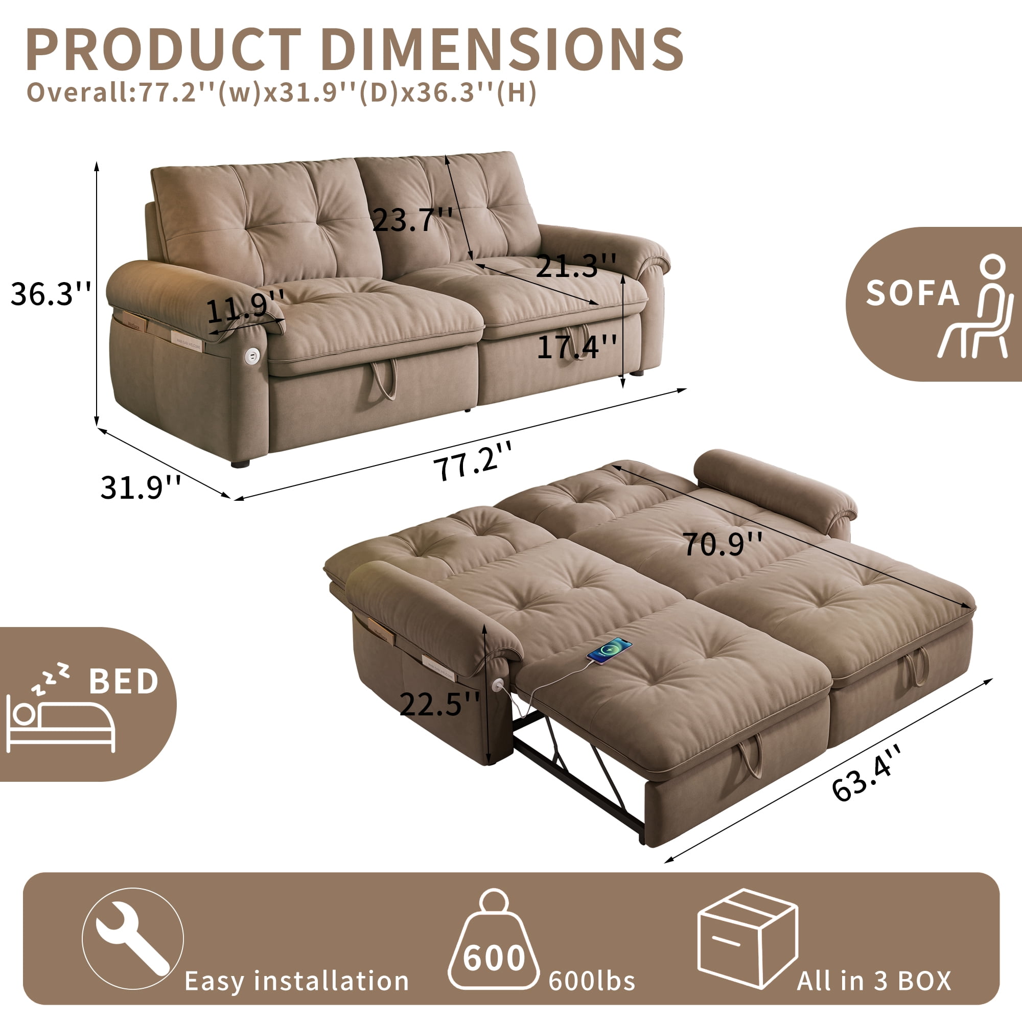 LLappuil 77" Pull Out Sofa Bed Queen Size, Loveseat Sofa Convertible Sleeper Sofa Bed, Flannelette Fabric Sofa Couch for Living Room Brown