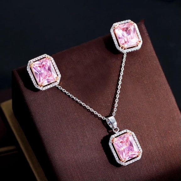 Classy Pink CZ Square Yellow Gold Plated Pendent Necklace Earrings Jewelry Set