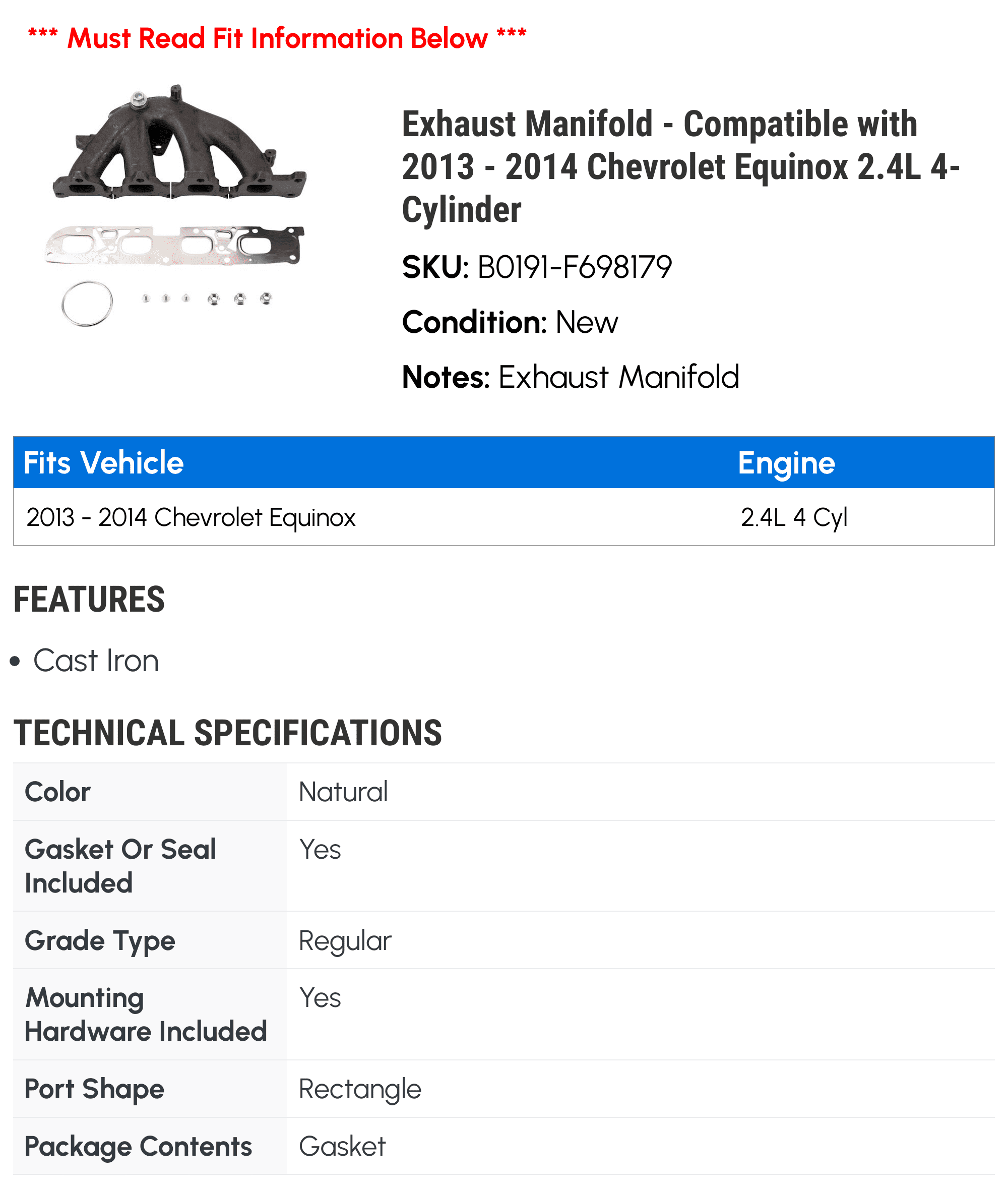 Exhaust Manifold - Compatible with 2013 - 2014 Chevy Equinox 2.4L 4-Cylinder