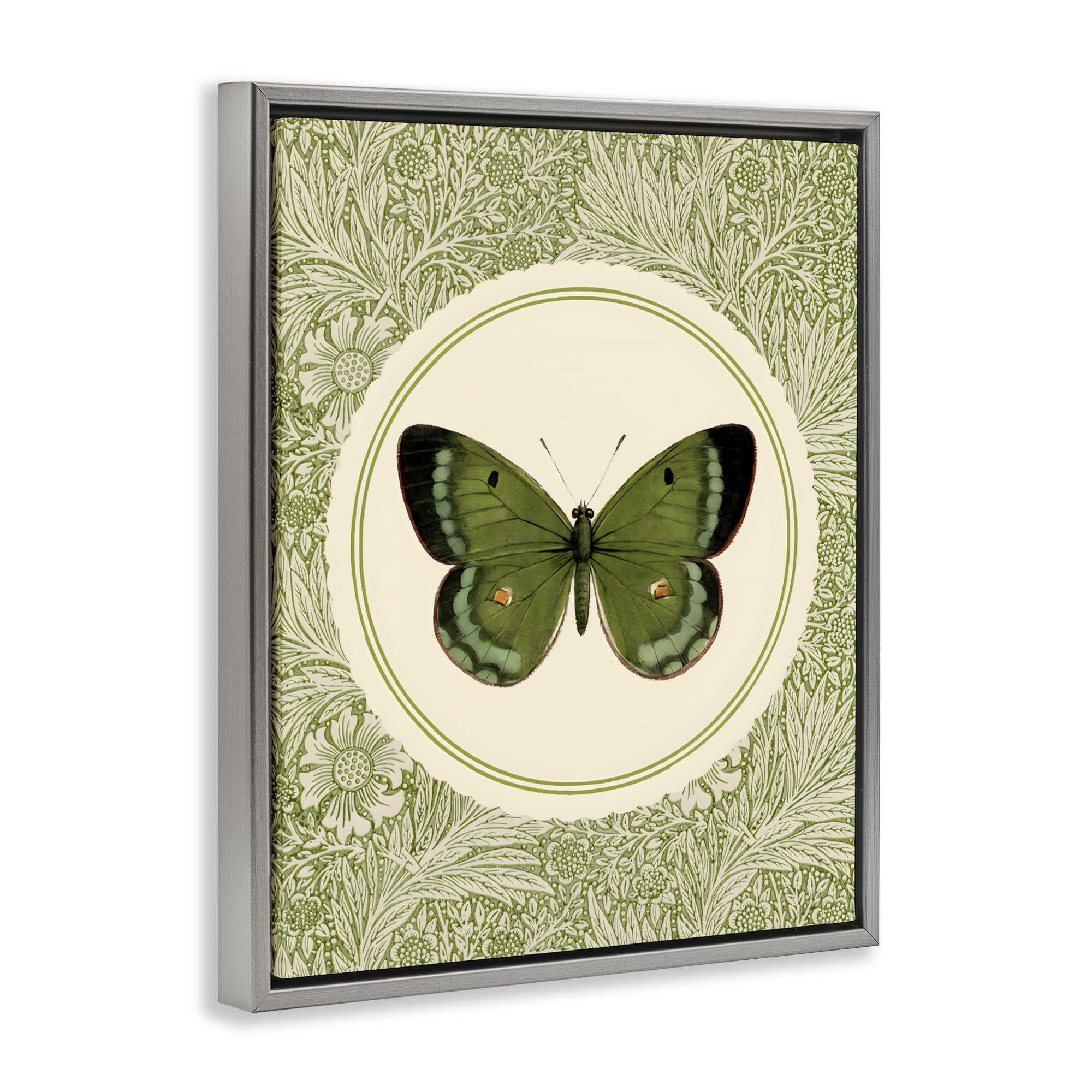 Stupell Industries Green Butterfly Botanical Medallion Gray Framed Floater Canvas Wall Art, design by LSR Design Studio