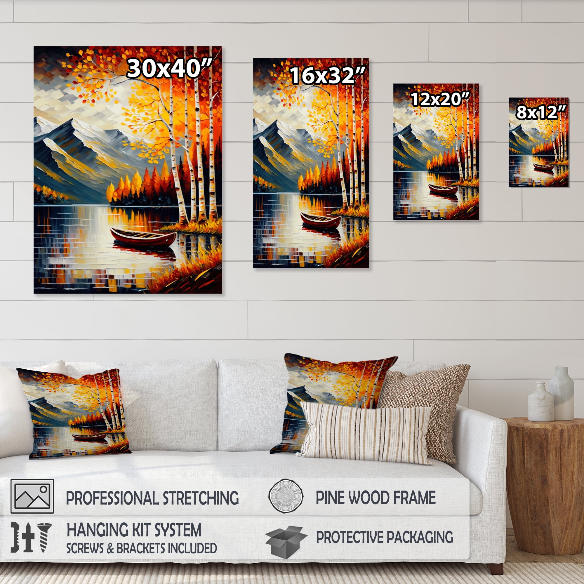 Designart Red And Orange Birch Trees By The Lake II Canvas Wall Art