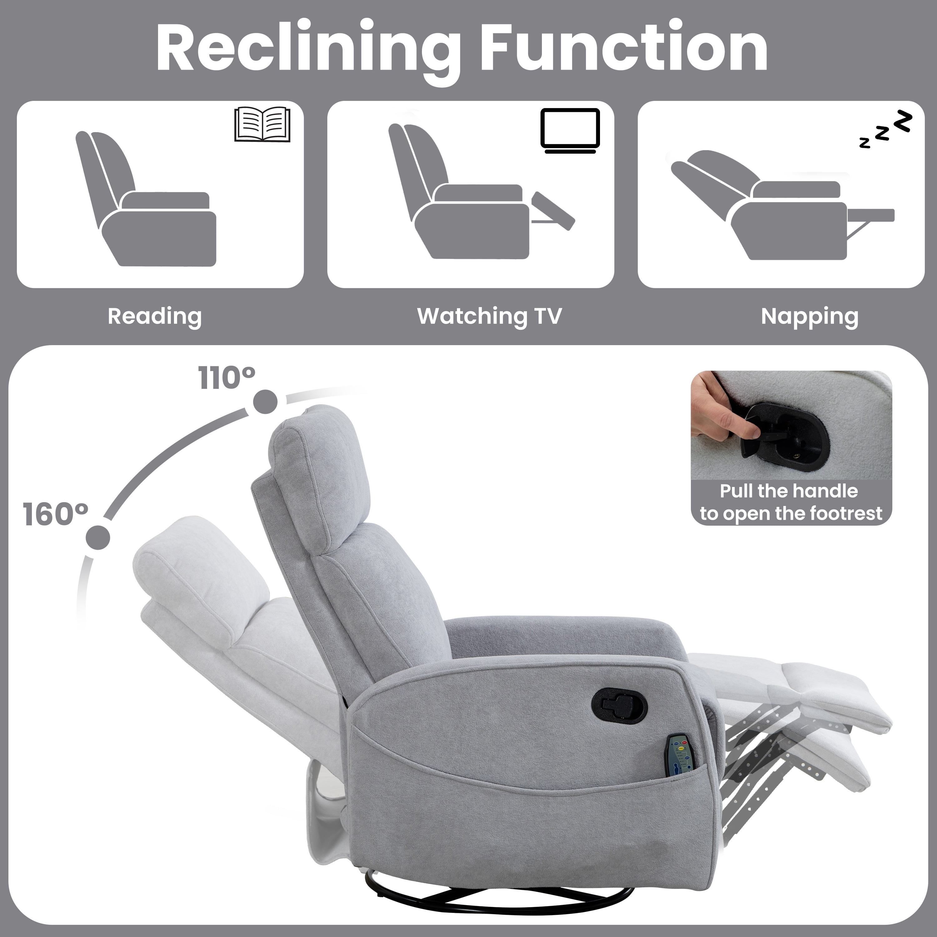 Rocker Recliner with Heat and Massage, LEGAHOME Velvet Upholstered 360° Swivel Rocking Recliner, Small Rocker Recliner with Side Pockets for Small Space, Manual Rocking Chair for Nursery, Gray
