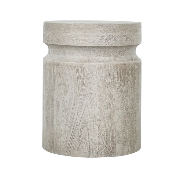 Benjara Kiv 18" Side End Table- Round Mango Wood Top- Carved Accent Base- Gray