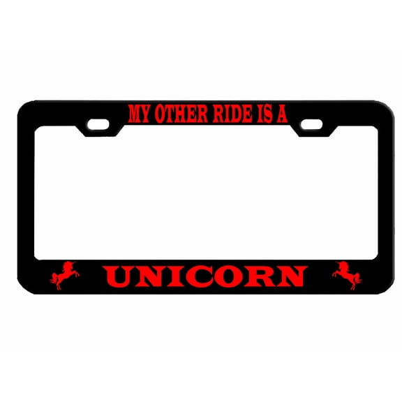 My Other Ride is A Unicorn Style Metal License Plate Frame Personalized/Car Accessories Car Tag Holder Cover (Black/Red)