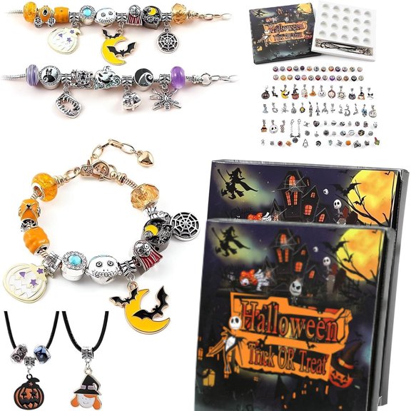 Halloween Treasures Charm Bracelet, Unique DIY Bracelets Jewelry Decorations Gift Blind Box, Mystery Charm Bracelet & Bead Set Countdown Gift Box, Halloween Countdown Calendar