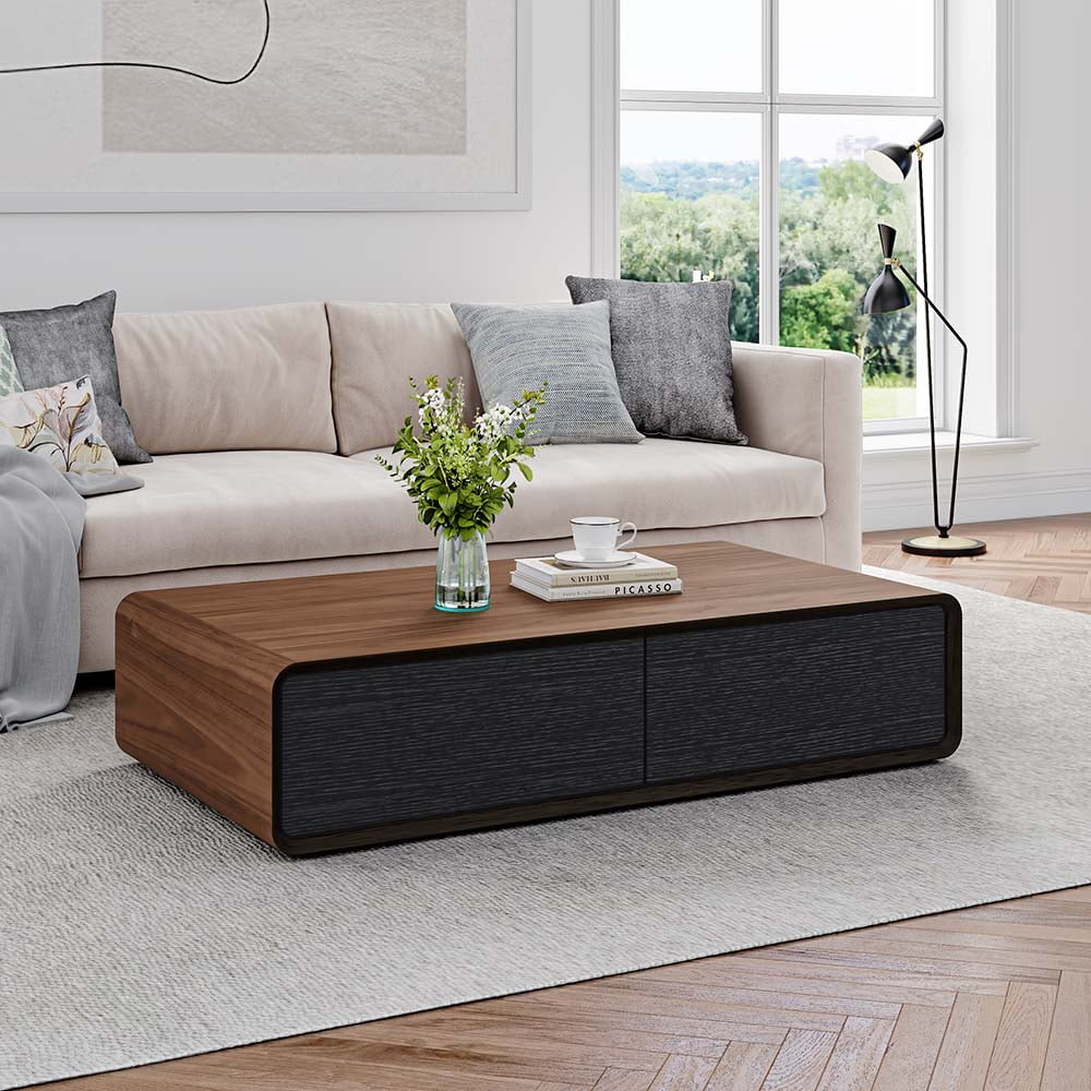 POVISON Modern Rectangular Coffee Table, Wood Coffee Table with Storage, 4 Solid Wood Drawers, Fully-Assembled, 51", Walnut Black