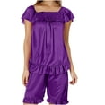 thumbnail image 5 of MGDXOX Satin Pajama Set for Women 2 Piece Silk Pjs Soft Short Sleeve Square Neck Sleepwear Top with Ruffle Shorts Outfits Wine Free Size, 5 of 5