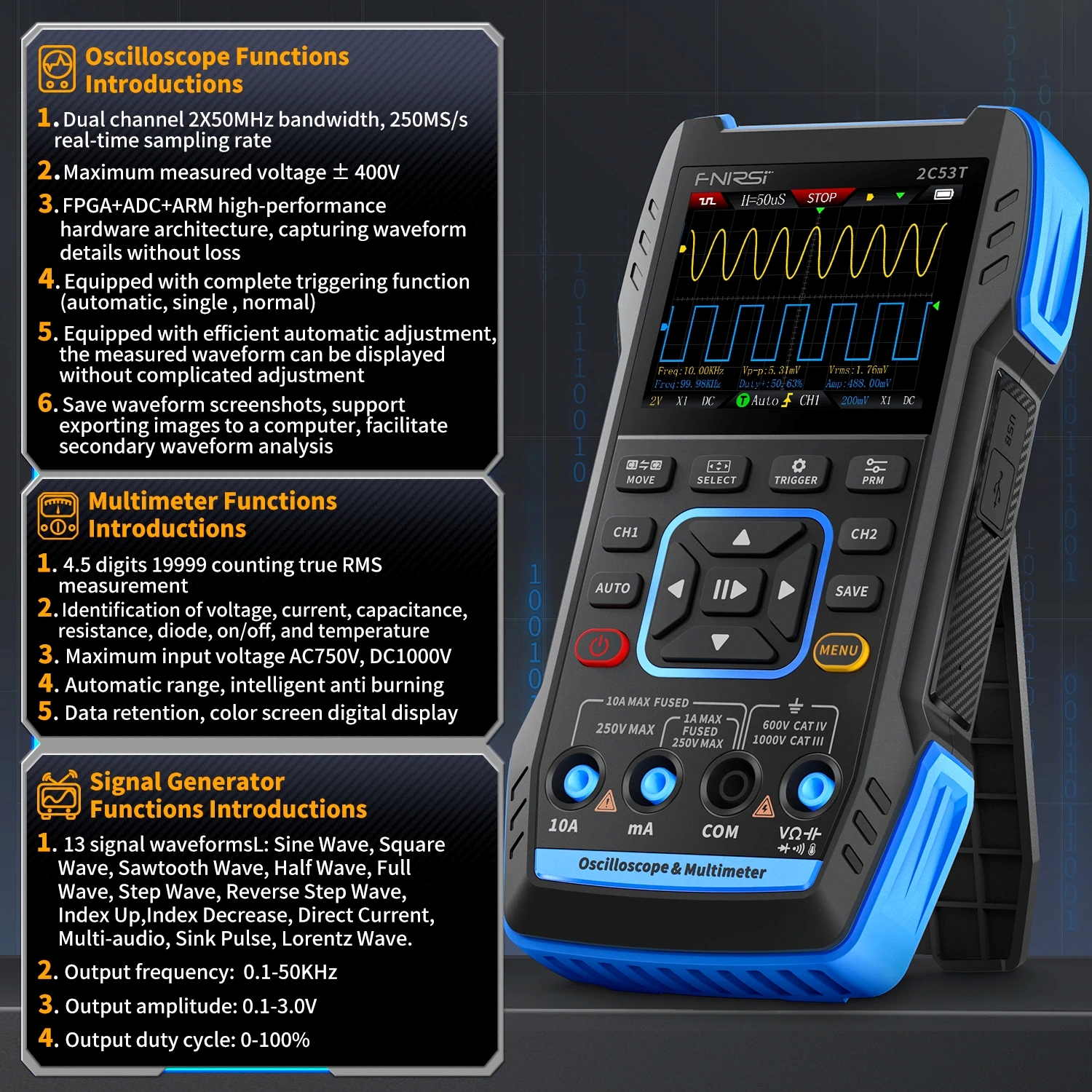 FNIRSI 2C53T Upgrade 3in1 Oscilloscope Multimeter Signal Generator 50MHz Bandwidth 250MS Rate Dual Channel 20000 Counts
