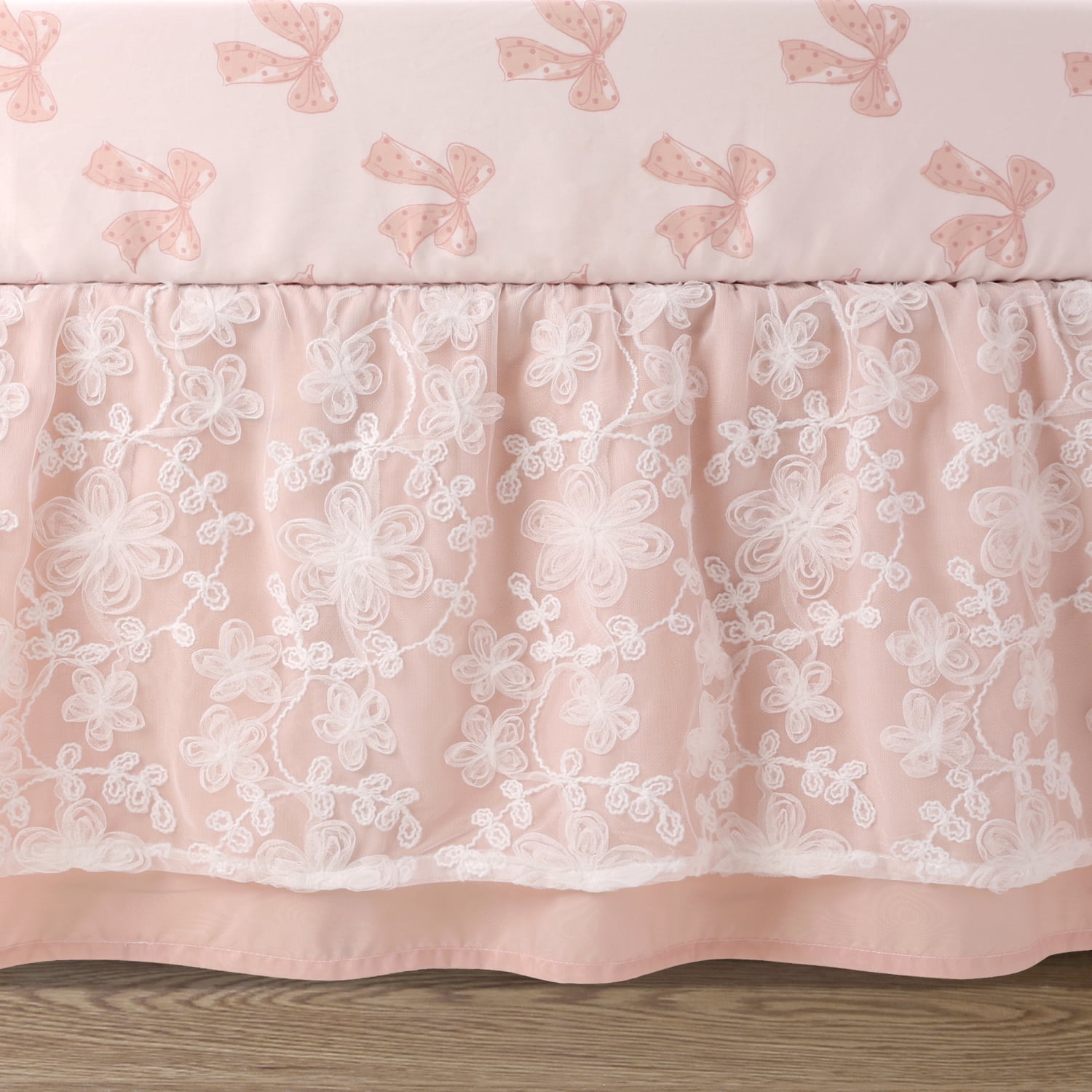 The Peanutshell 3-Piece Crib Bedding Set for Girls – Fitted Sheet, Dust Ruffle, Comforter – Pink Floral Nursery Decor, Grace