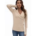 thumbnail image 3 of Women's Ruched V-Neck Wrap Sweater, Criss Cross Long Sleeve Knit Pullover Top with Button for Fall Beige L, 3 of 5
