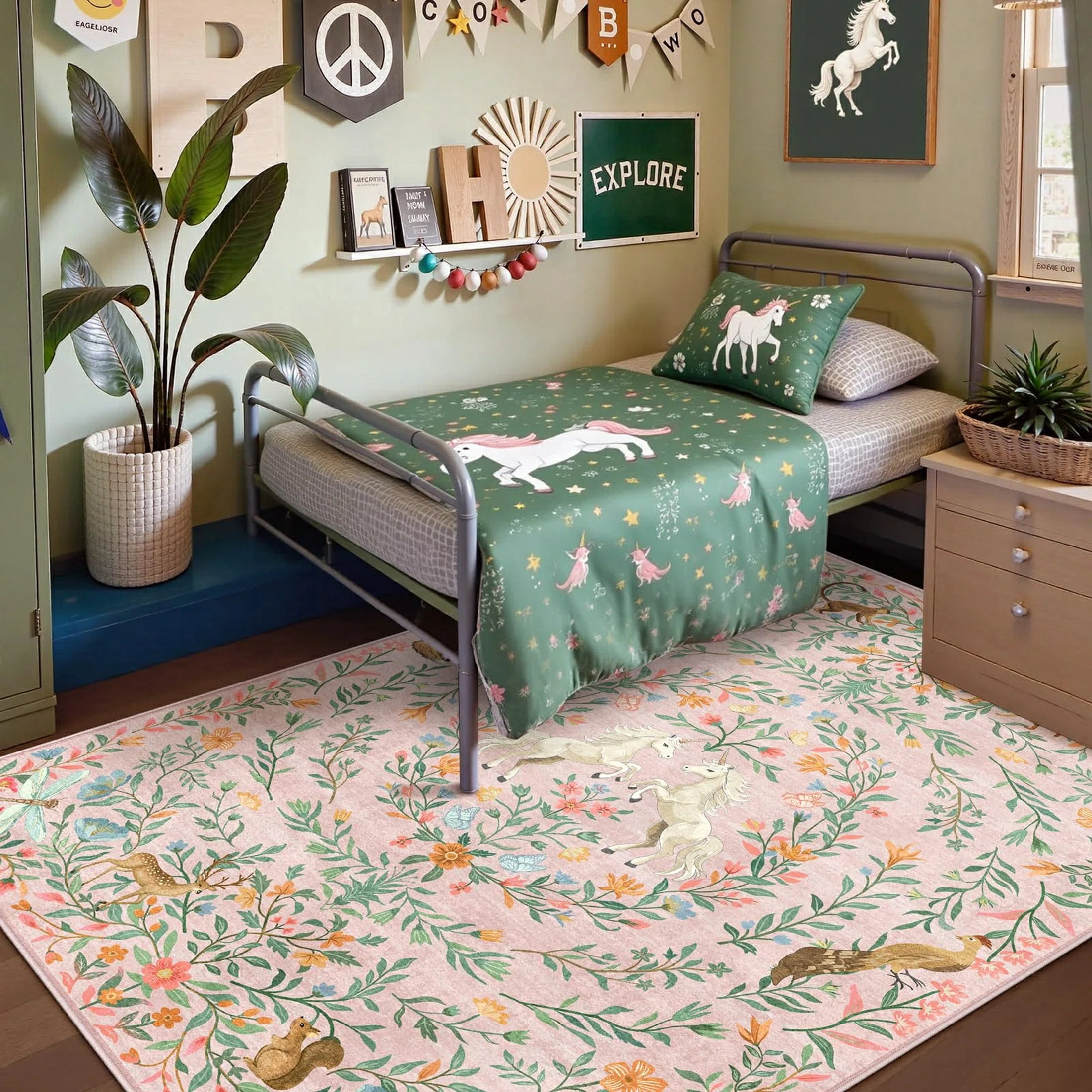 Moynesa 8'x10' Fantasy Garden Area Rugs for Living Room, Washable Vintage Botanical Unicorn Girls Rugs for Bedroom, Large Animal Accent Carpet for Dining Room Nursery Playroom, Pink