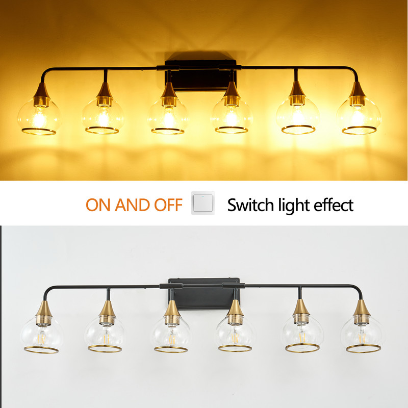 48" Modern Black and Gold 6-Light Bathroom Vanity Light Fixture, Clear Glass Shades Wall Sconce for Mirror, Living Room, or Vanity (Bulbs Not Included)