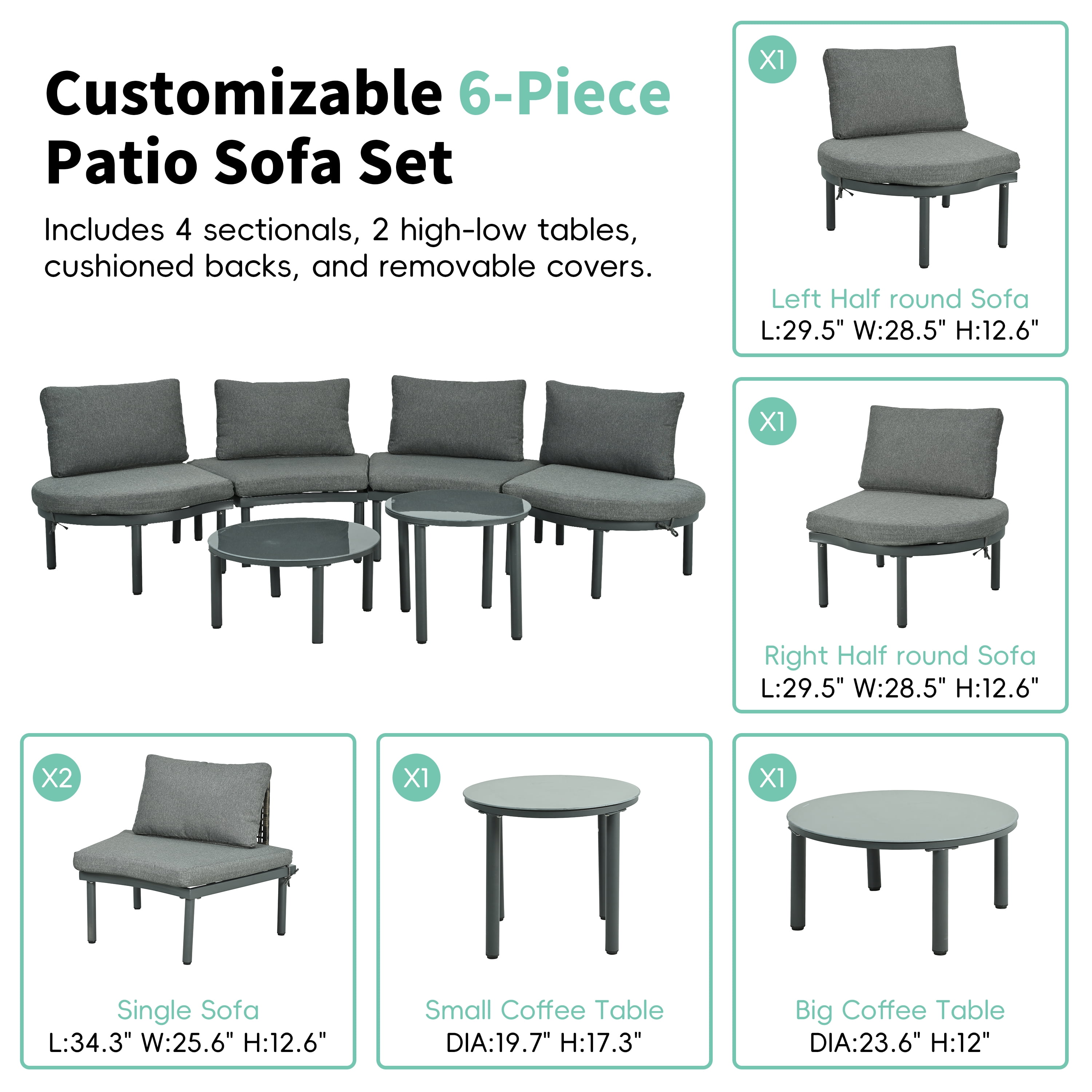 Upgrade Patio Furniture Set, Seizeen 6-Piece Half-Moon Patio Sofa Set, Modular Outdoor Sectional with 2 Round High-Low Coffee Tables, PE Wicker & Aluminum Frame, Tempered Glass Top, Cushions & Pillow