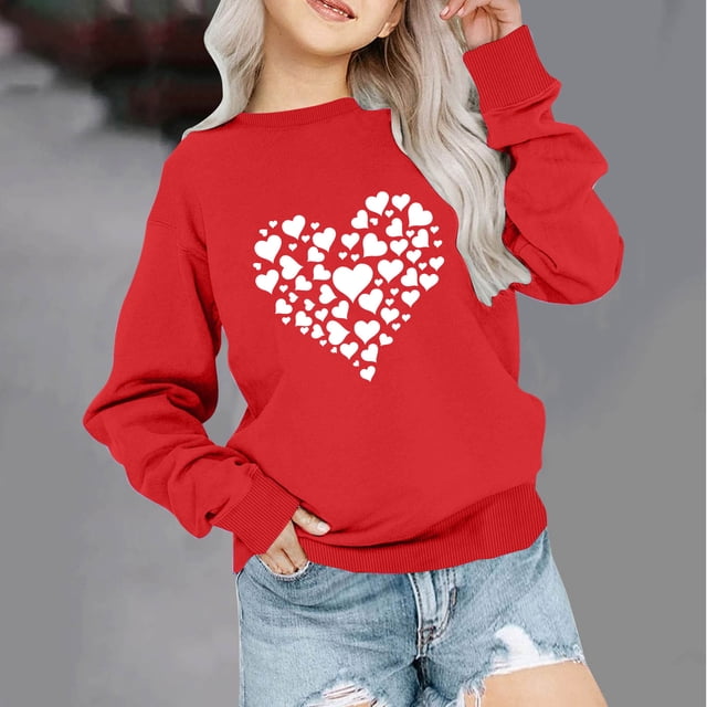 Milgrthf Chemise de la Saint-Valentin pour Femmes Imprimé Cœur Graphique Manches Longues Coupe Ample Chandail Blouse Col Rond Chandail en Molleton Rouge 4 Ans