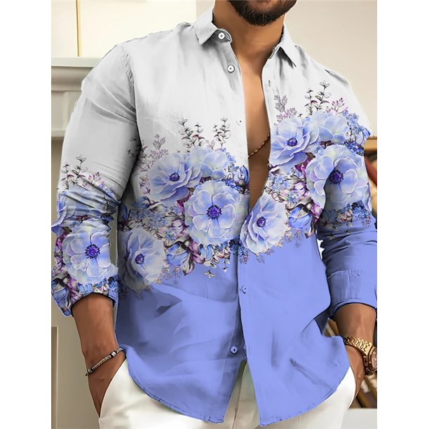 Camisa de hombre con estampados gráficos florales, cuello vuelto, para exteriores, calle, manga larga, ropa estampada, ropa de diseñador