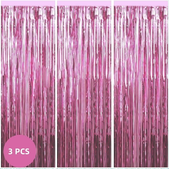 3pcs 3.3ft x 6.6ft Light Pink Metallic Tinsel Foil Fringe Curtains Photo Booth Props for Birthday Wedding Engagement Bridal Shower Baby Shower Bachelorette Holiday Celebration Party Decorations